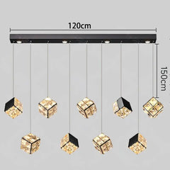 Chandelier with crystal cube lights and dimensions on a gray background