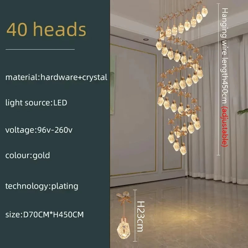 Chandelier with 40 heads in a room setting, showing dimensions and specifications.