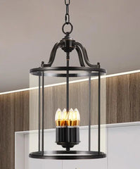 Brass Cylinder Lantern Pendant Light with Clear Glass Shade