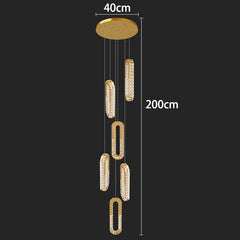 Gold pendant light with measurements on a black background