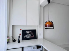 Amber Glass Dome Pendant Light with Wood Accents