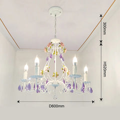 White Metal Chandelier with Rose Buds and Purple Crystal Drops