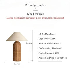 Handwoven Rattan Drum Table Lamp with Fabric Shade
