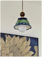 Green Ceramic Bell Pendant Light Hand Painted Floral Design