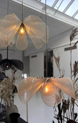 Decorative pendant lights with a floral design in a modern interior setting.