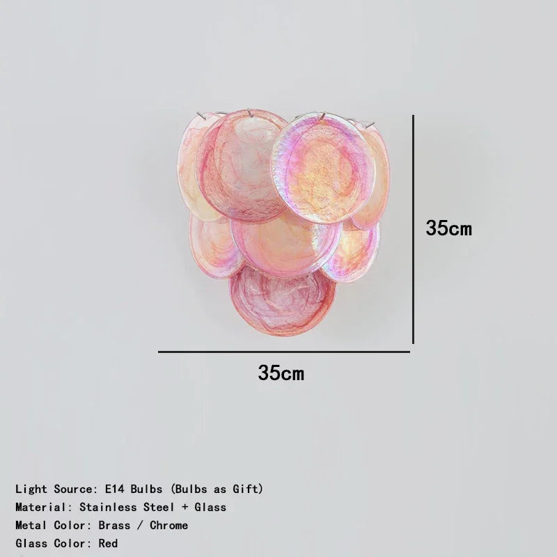 Decorative light fixture with pink and red glass elements on a gray background, with dimensions indicated.