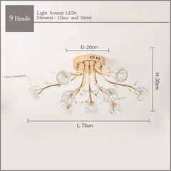 Gold Floral Crystal Chandelier Semi-Flush Mount Light