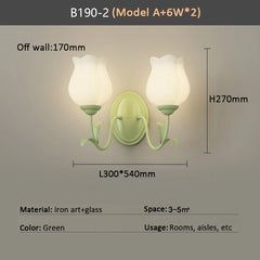 Green Floral Leaf Wall Sconce with Frosted Glass Tulip Shades