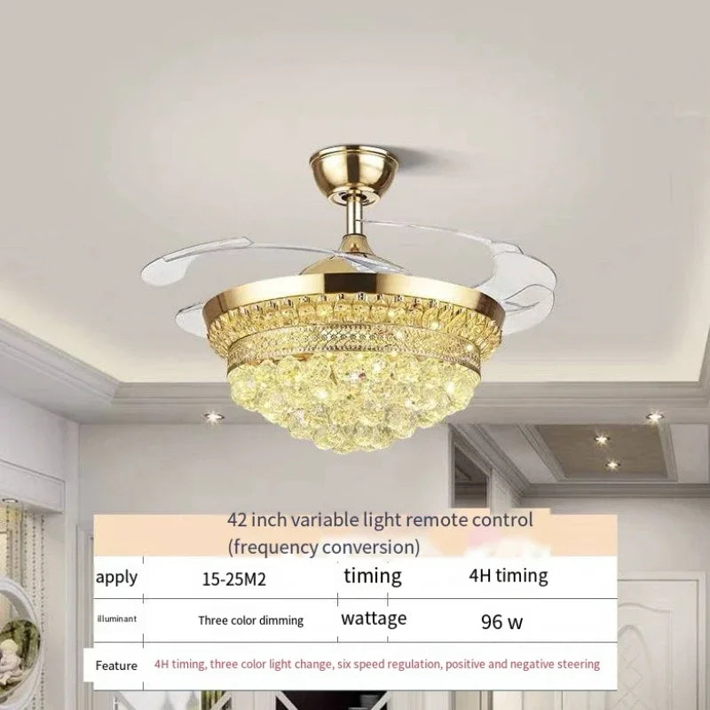 Gold ceiling fan with crystal light fixture in a room setting