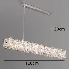 Crystal chandelier with dimensions labeled on a gray background