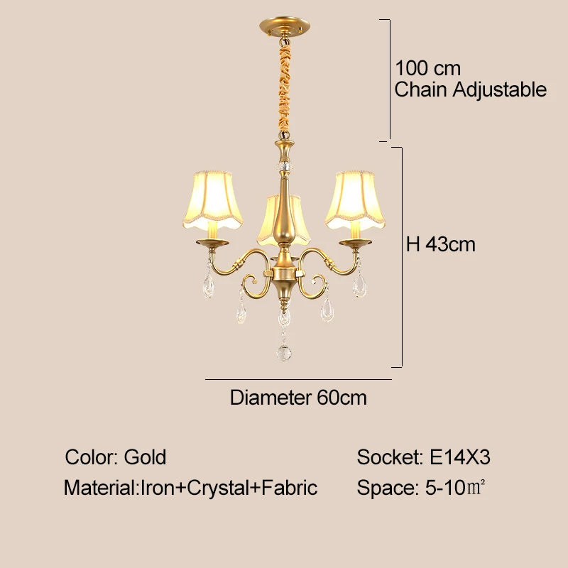 Gold chandelier with dimensions and specifications on a beige background