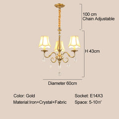 Gold chandelier with dimensions and specifications on a beige background