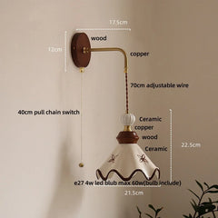 Wall-mounted lamp with dimensions and material details on a beige background