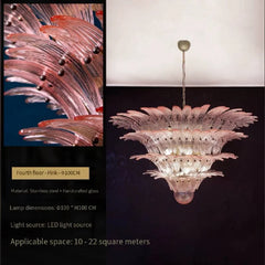 Chandelier with pink glass design and detailed close-up, on a dark background.