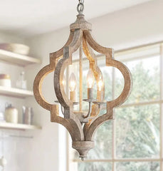 Wooden pendant light fixture in a kitchen setting
