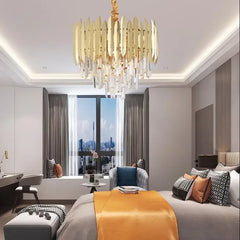 Gold Crystal Tiered Cascading Chandelier with Dazzling Faceted Prisms