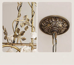 Gold Metal Chandelier with Rose Bud Accents and Frosted Glass Shades