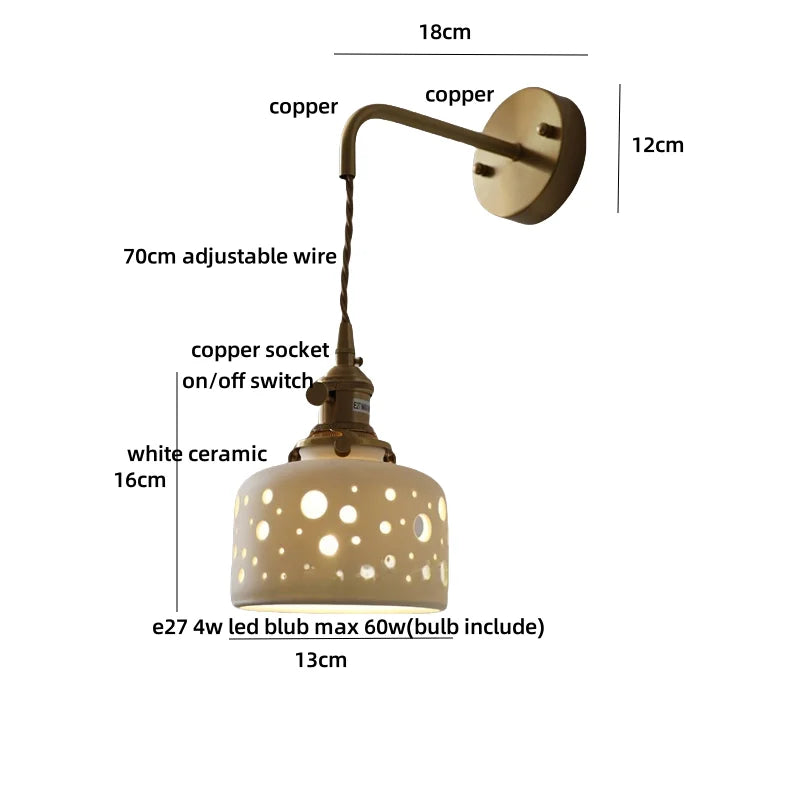 Wall-mounted lamp with measurements on a white background