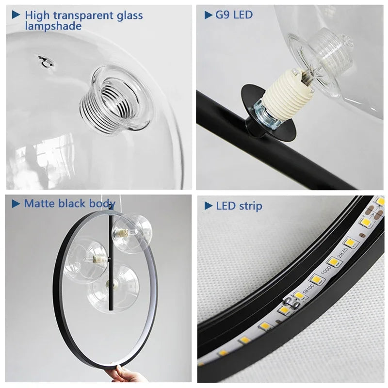 Collage of a modern ceiling light fixture with transparent glass shade, G9 LED bulb, matte black body, and LED strip.