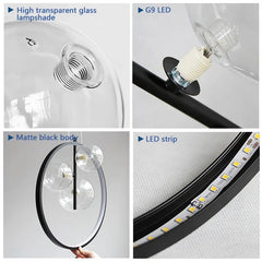 Collage of a modern ceiling light fixture with transparent glass shade, G9 LED bulb, matte black body, and LED strip.