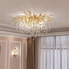 Gold Branch Crystal Droplet Chandelier Light with Metal Frame