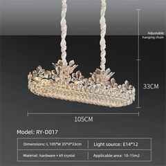 Chandelier with dimensions and specifications on a dark background