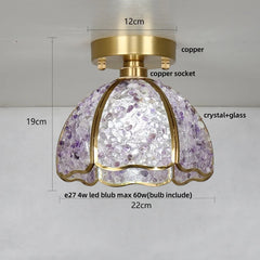 Ceiling light fixture with purple crystal design and gold accents, labeled with dimensions and material types.