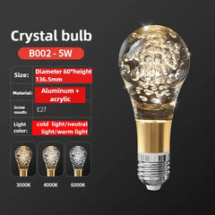 Crystal light bulb with specifications on a dark background
