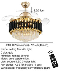 Ceiling fan with light fixture and remote control, gold color, dimensions shown.