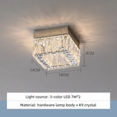 Ceiling light fixture with crystal design and dimensions on a gray background