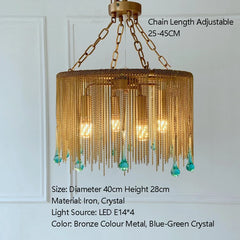 Gold Chain Tassel Chandelier with Teal Teardrop Accents