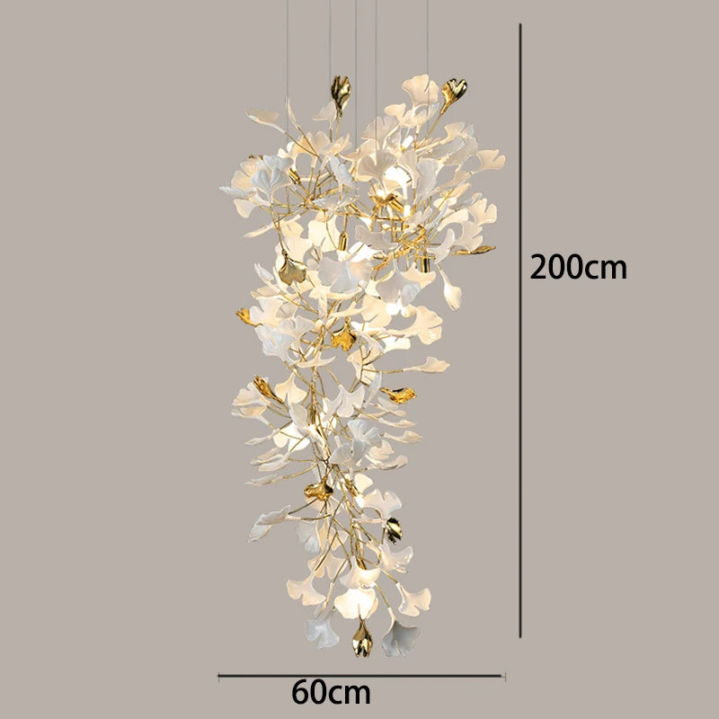 Chandelier with floral design and measurements on a gray background