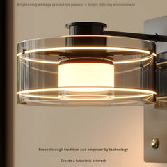 Modern ceiling light fixture with clear glass shade and black metal frame.