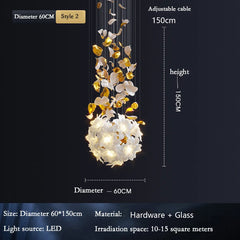 Gold Petal & White Flower Chandelier with Cascading Design
