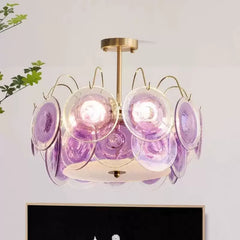 Gold Metal Frame Amethyst Glass Disc Semi-Flush Mount Chandelier