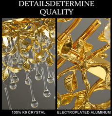 Close-up of gold chandelier with crystal details and text 'DETAILSDETERMINE QUALITY'.