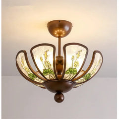 Bronze Chandelier with Frosted Glass and Green Leaf Floral Accents