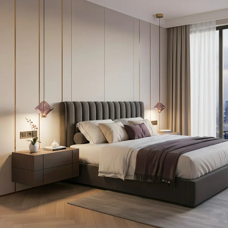 Close-up of a pendant light with a unique purple glass shade and brushed gold accents in a bedroom setting.