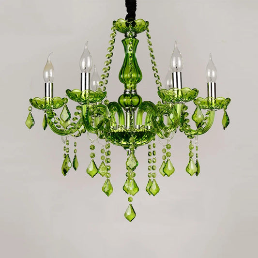 Green crystal chandelier with candelabra-style arms and teardrop crystal accents, on a white background.