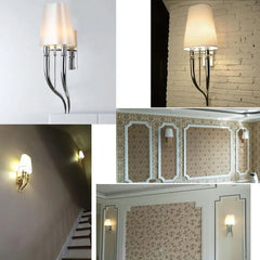 Collage of wall sconces in various settings with neutral and warm tones.