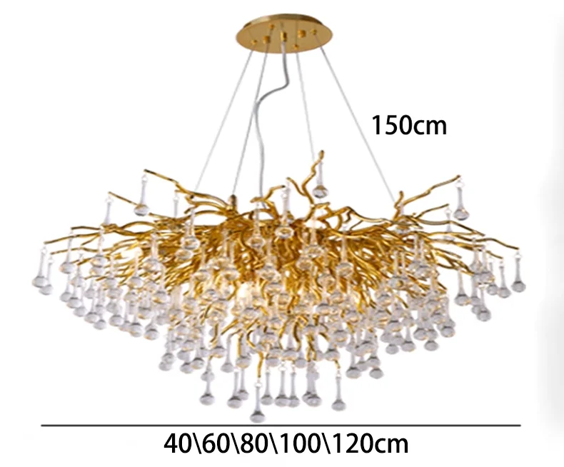 Gold chandelier with crystal-like droplets and measurement labels on a white background