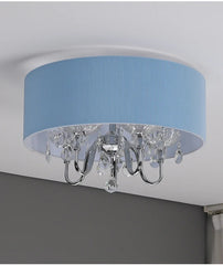 Blue Fabric Drum Pendant Light with Crystal Accents