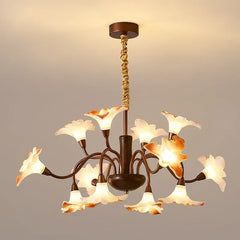 Bronze Floral Chandelier Pendant Light with Frosted Glass Bell Shades