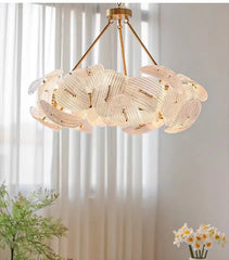 Woven Gold Pendant Light with Clear Petal Accents