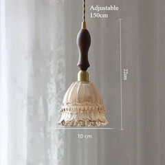 Pendant light with wooden handle and glass shade, shown with measurements against a neutral background.