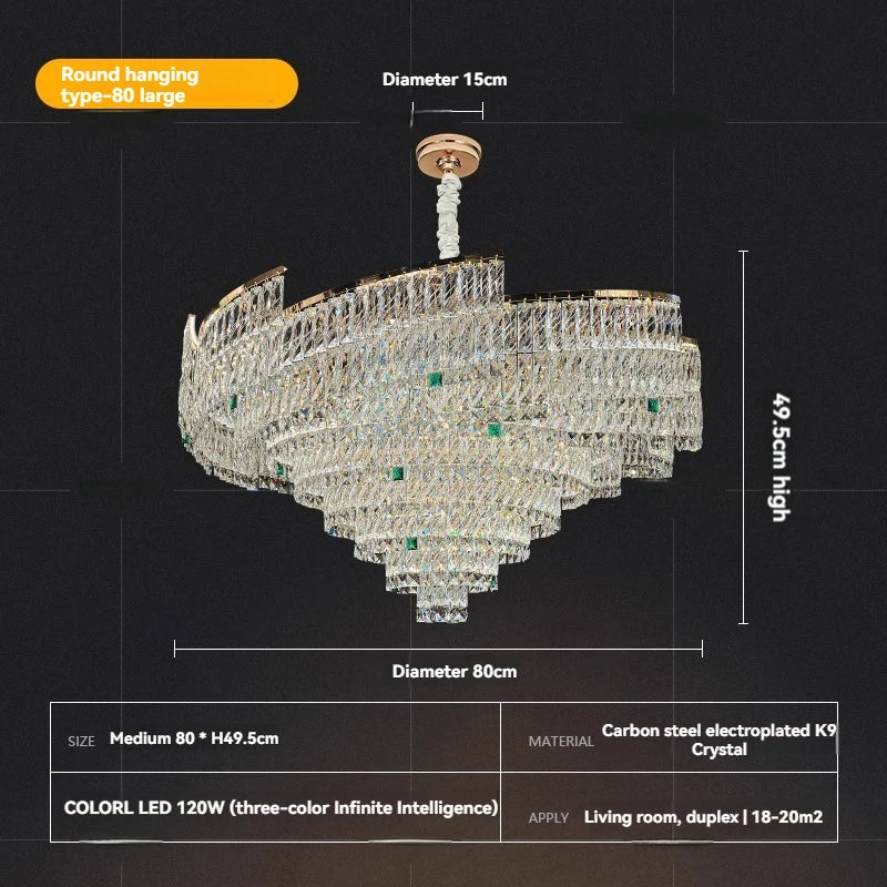 Chandelier with dimensions and specifications on a black background