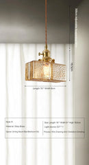 Brass Square Pendant Light with Textured Amber Glass Shade