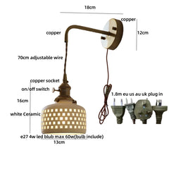 Industrial-style wall lamp with labeled parts and measurements on a white background