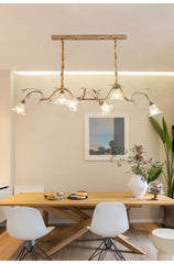 Gold Floral Branch Pendant Light Frosted Bell Shades & Leaf Accents