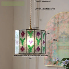 Decorative pendant light with floral design, labeled parts on a neutral background.